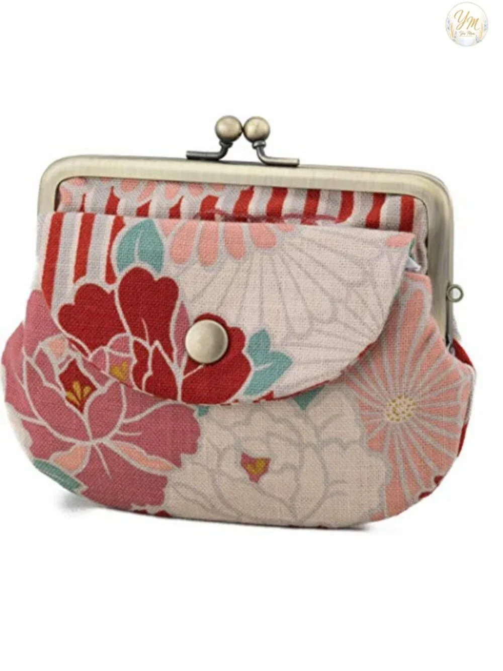 Vintage Floral Kiss Lock Coin Change Wallet Purse - Made in Japan Cotton Pouch